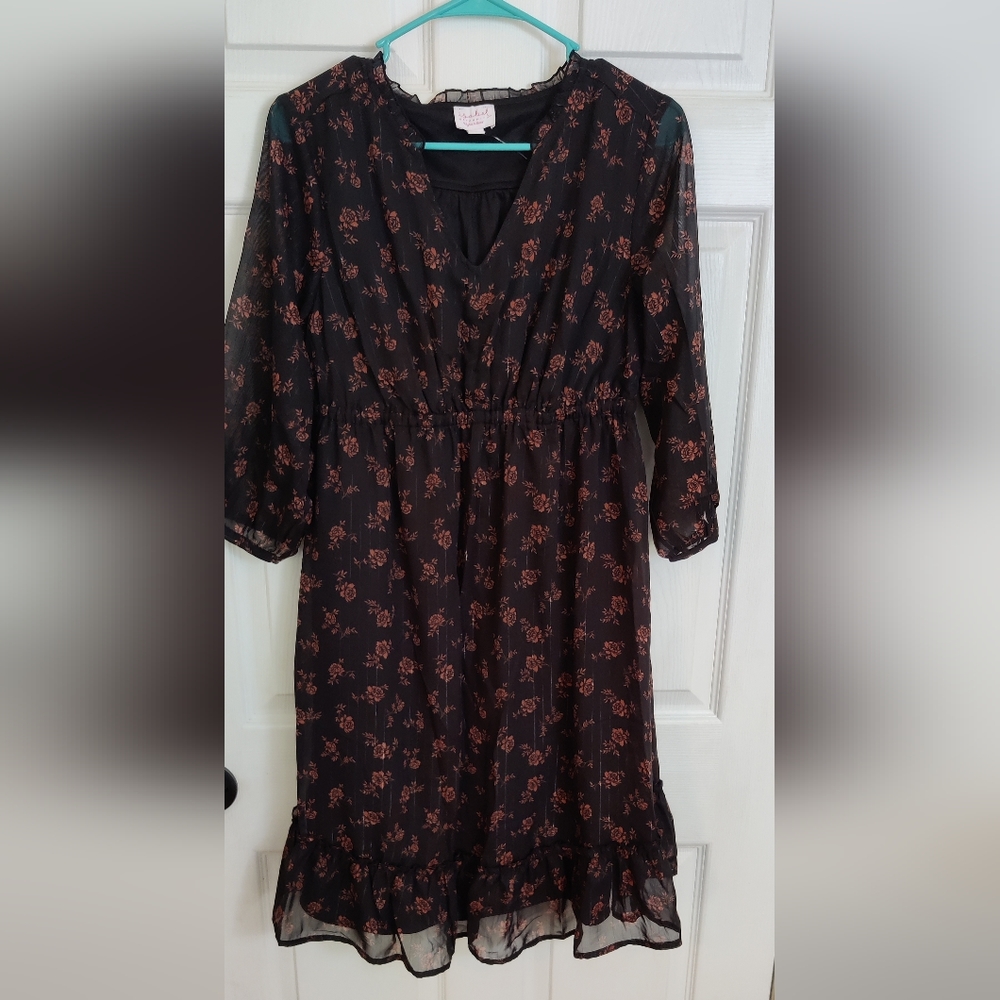 Isabel maternity dress black with brown flowers and silver accent stripes